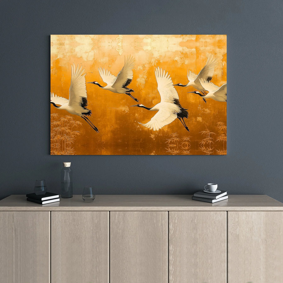 Japanese Red-Crowned Crane Canvas | Golden Asian Wall Art | Premium 1.25-Inch Gallery Wrap | Elegant Home & Office Decor Gift