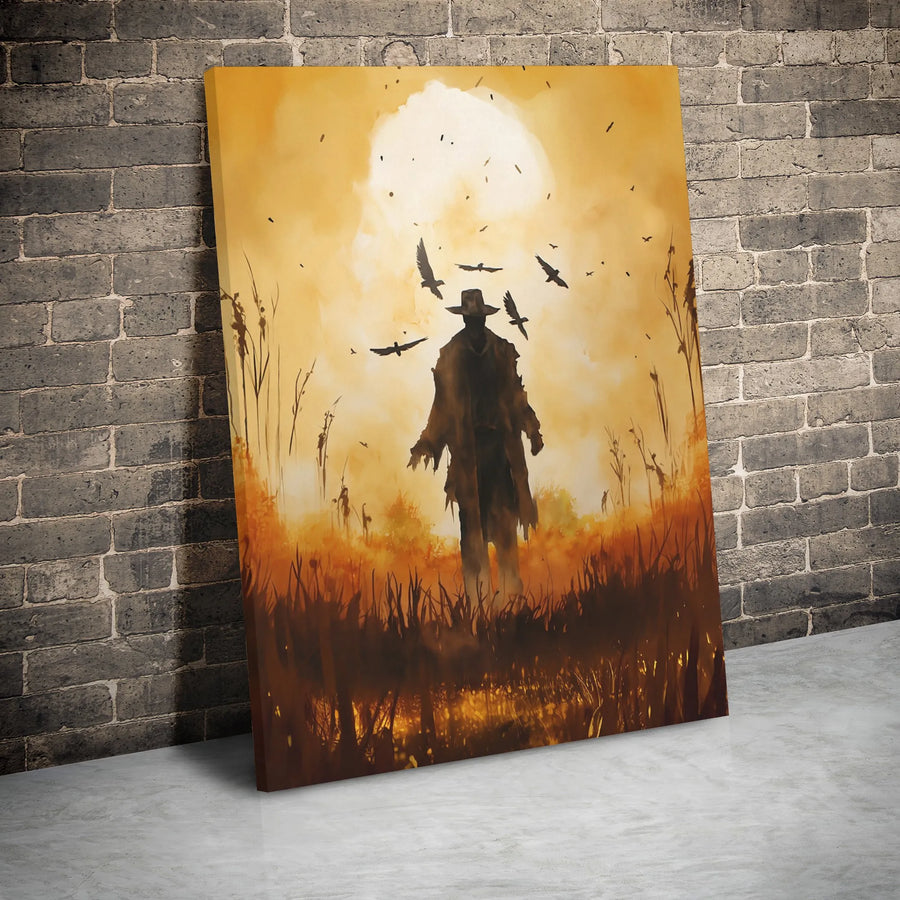 Western Wall Art | Mysterious Scarecrow Silhouette at Sunset | Premium Gallery Wrap Canvas | Gothic Farmhouse Home Decor Gift