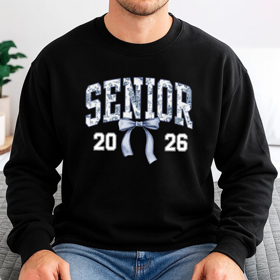 Senior 2026 Sweatshirt | Coquette Blue Bow Toile Graphic | Premium Cotton Blend | Graduation Gift for High School and College Seniors