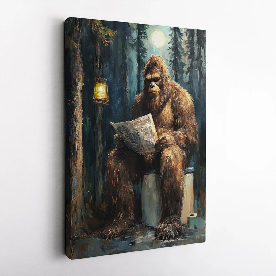 Bigfoot Reading Newspaper On Toilet Canvas Art | Funny Sasquatch Bathroom Wall Decor | Premium 1.25" Gallery Wrap Print | Unique Gift For Men