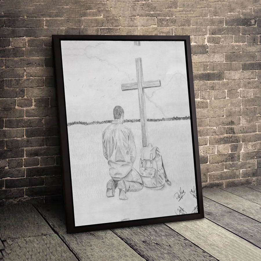 Man Kneeling At Cross Canvas Art | Religious Pencil Sketch Drawing | Premium Gallery Wrapped Wall Decor | Spiritual Faith Gift For Him