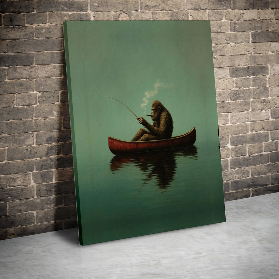 Bigfoot Smoking Cigar Fishing Canvas | Whimsical Outdoorsman Wall Art | Premium Fade-Resistant Print | Unique Gift for Cabin or Cabin Decor