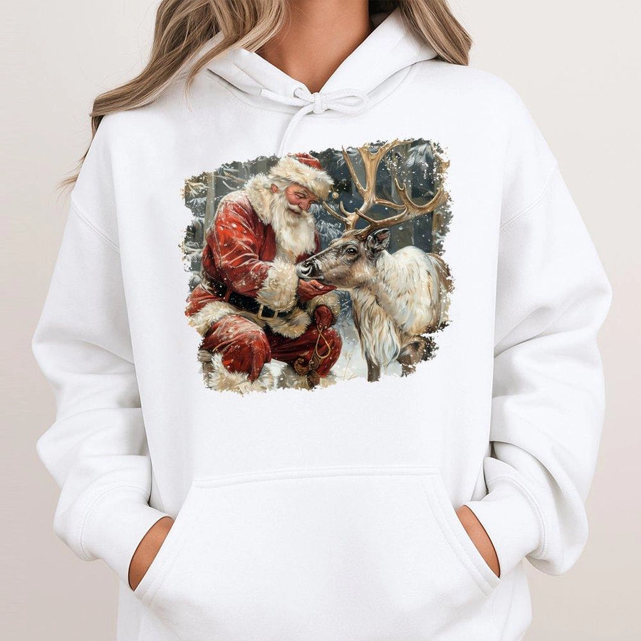 Vintage Santa And Reindeer Hoodie | Cozy Christmas Graphic Sweatshirt | Premium Cotton Blend | Holiday Gift For Winter Lovers