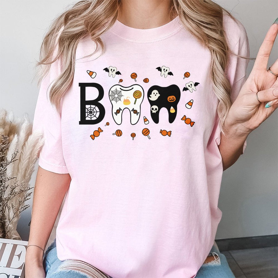 Boo Tooth Halloween T-Shirt | Funny Dental Hygienist Graphic Tee | Premium 100% Cotton | Spooky Dentist Gift for Dental Assistant