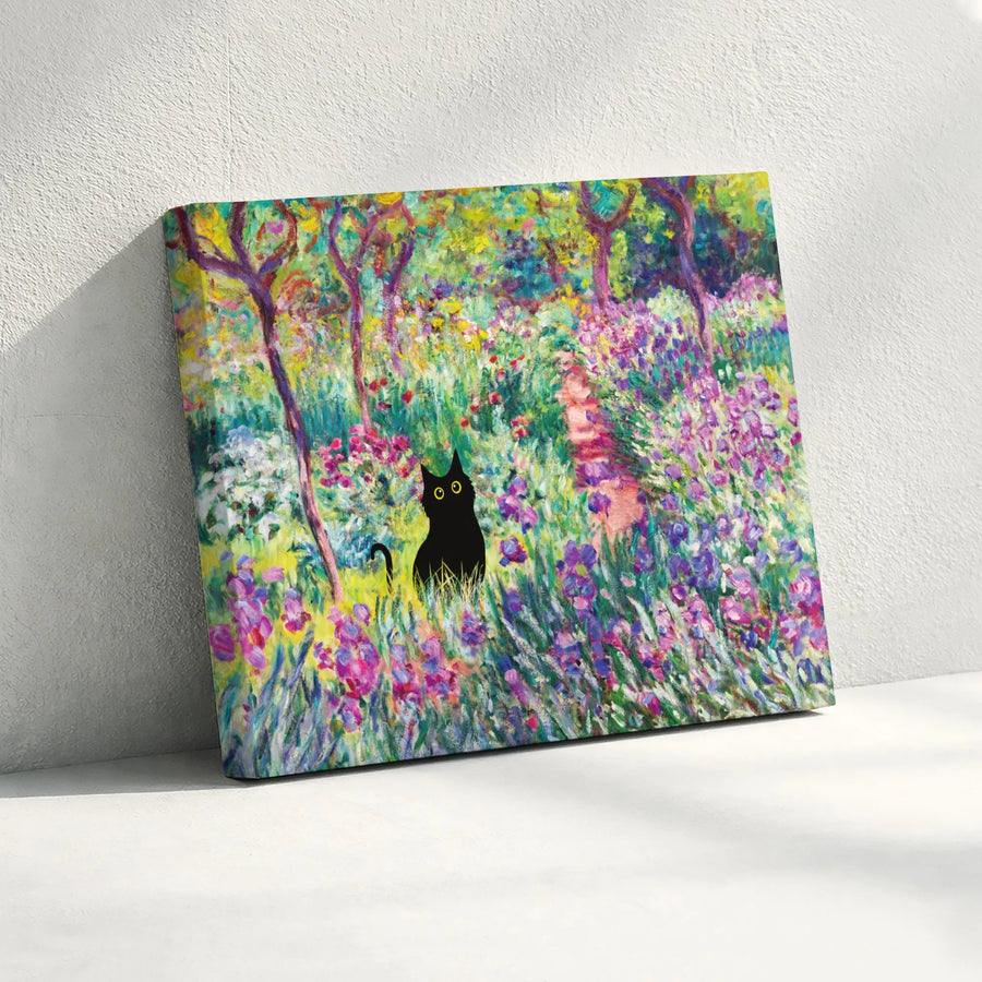 Black Cat Wall Art | Impressionist Garden Oil Painting Style | Premium 1.25-Inch Gallery Canvas | Artistic Gift for Cat Lovers