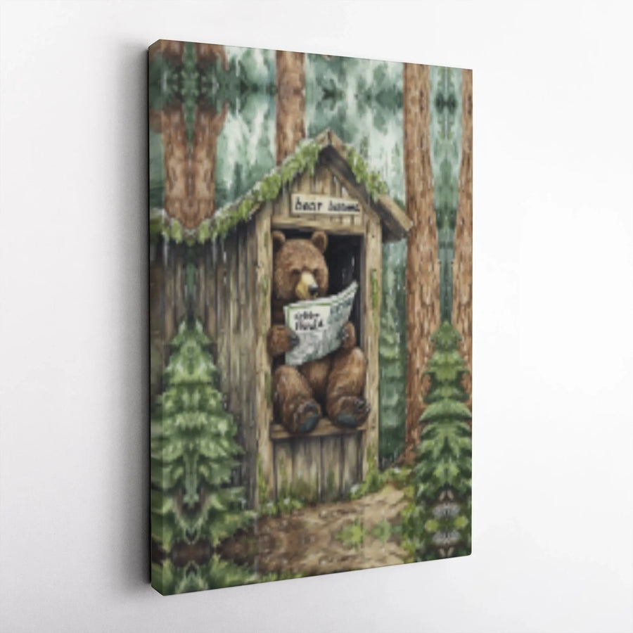 Funny Bear Reading Newspaper Wall Art | Rustic Outhouse Bathroom Decor | Premium Gallery Wrap Canvas | Unique Cabin Wildlife Gift