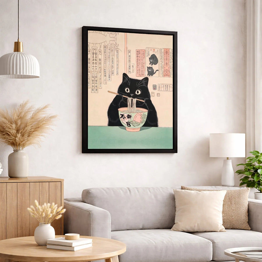 Japanese Ukiyo-E Black Cat Canvas Art | Ramen Noodle Lover Print | Gallery Quality 1.25" Profile | Whimsical Animal Wall Decor Gift