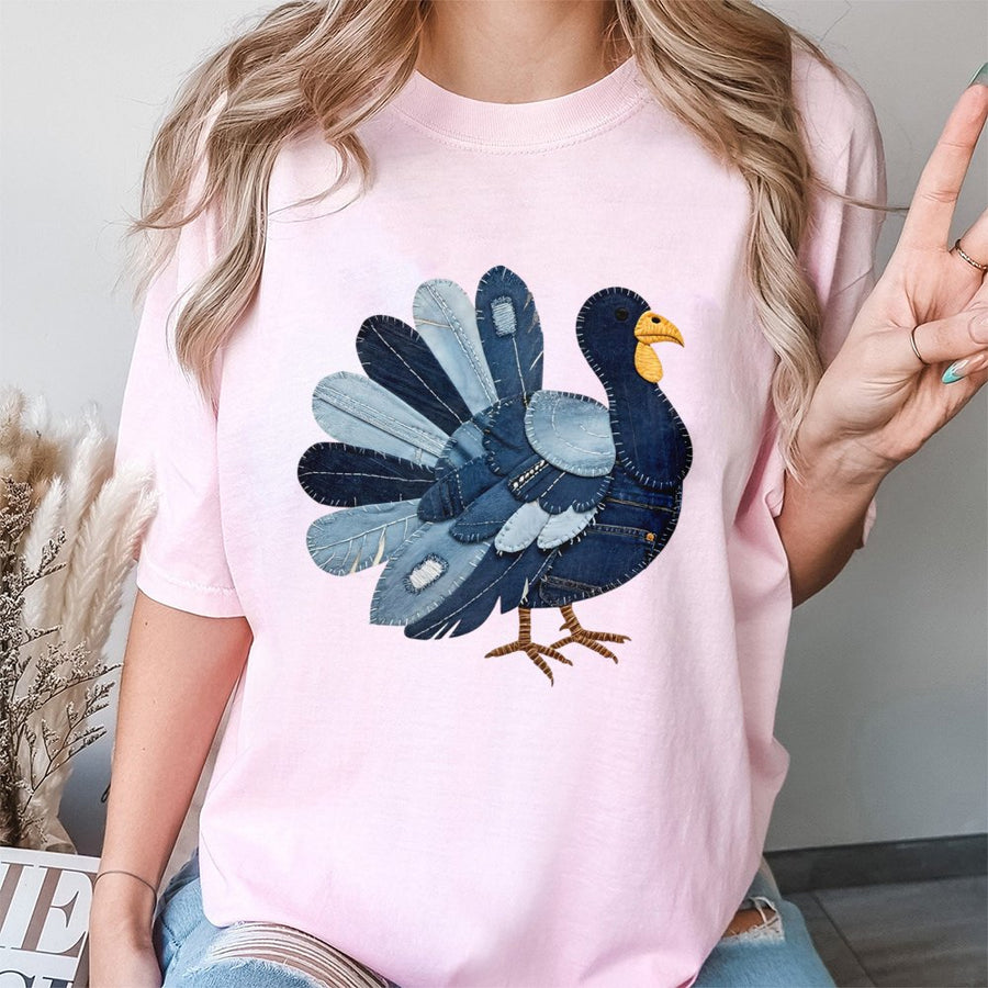 Patchwork Denim Turkey T-Shirt | Rustic Farmhouse Fall Graphic Tee | 100% Soft Cotton Premium Quality | Thanksgiving Gift For Her And Him