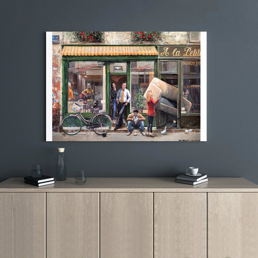 Parisian Street Cafe Canvas Print | Surrealist Coffee Shop Scene | Gallery Wrapped Premium Wall Art | Aesthetic Home Decor For Coffee Lovers