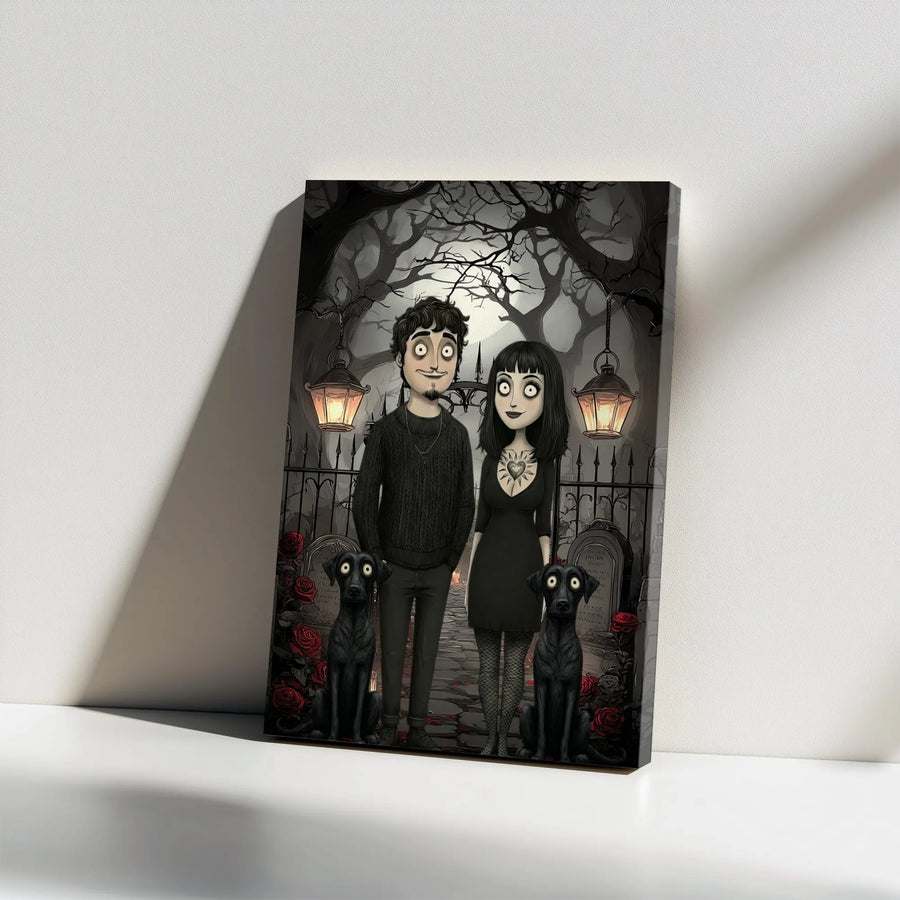Gothic Couple Canvas Wall Art | Spooky Cemetery Portrait with Black Dogs | Premium Gallery Wrap Decor | Unique Gift for Goth Lovers