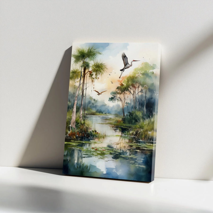 Florida Swamp Canvas Wall Art | Watercolor Heron & Palm Trees Painting | Premium Fade-Resistant Print | Rustic Nature Home Decor Gift