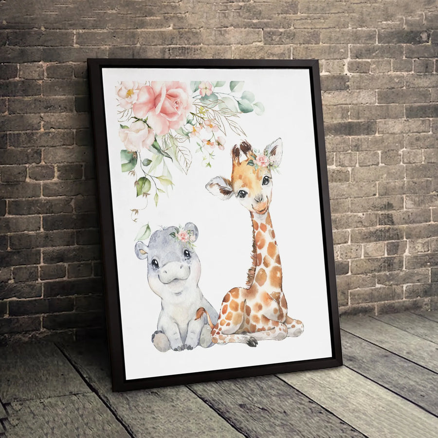 Baby Giraffe and Hippo Wall Art | Watercolor Floral Nursery Decor | Gallery-Wrapped Canvas Print | Cute Safari Animal Gift for Kids