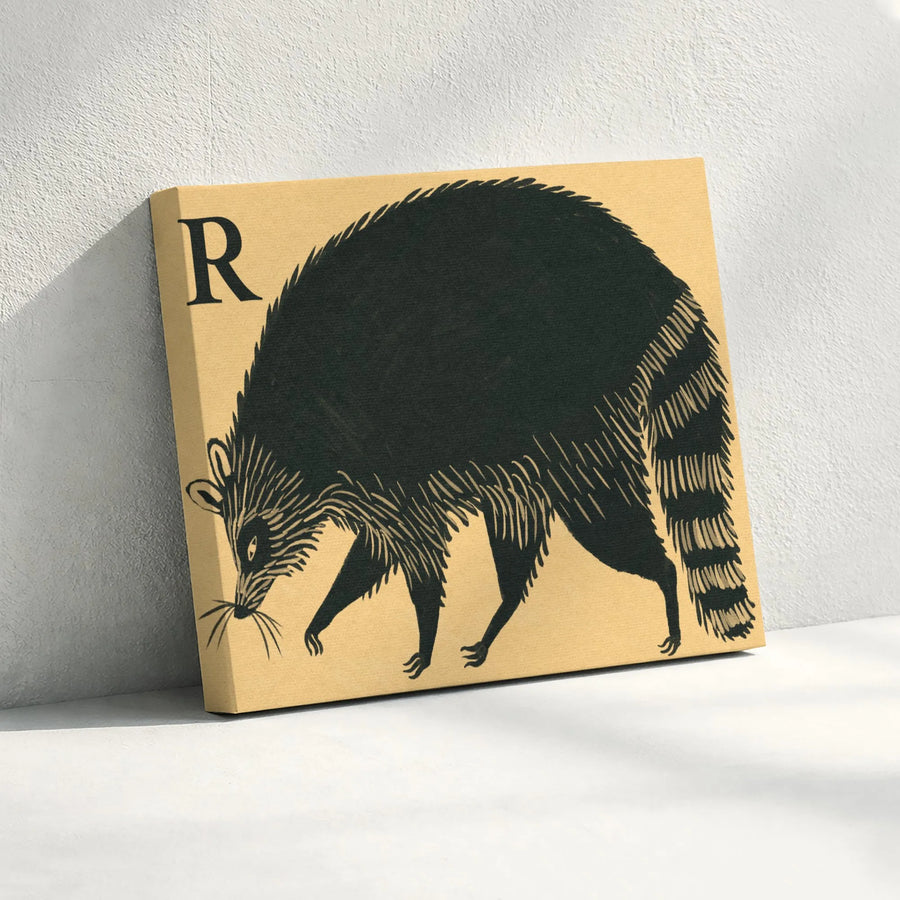 Raccoon Wall Art Canvas | Vintage Linocut Alphabet Animal Print | Premium 1.25" Gallery Wrap | Nursery Decor & Wildlife Gift