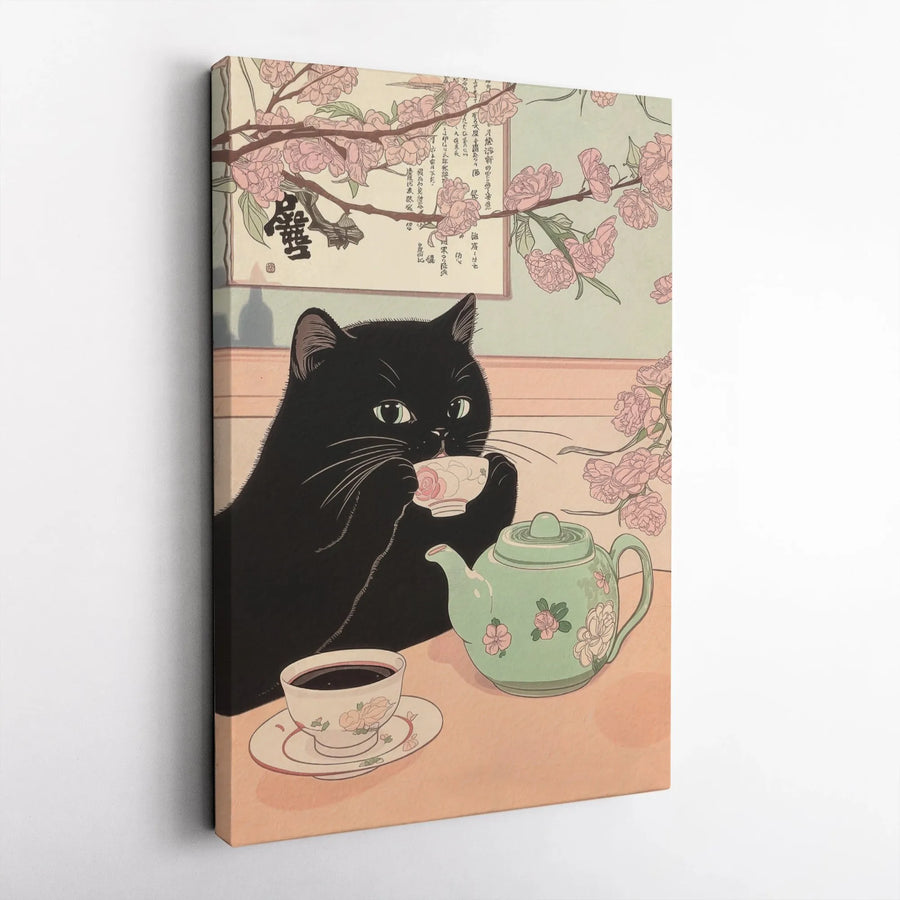 Black Cat Wall Art | Japanese Ukiyo-e Cherry Blossom Print | Premium Gallery Wrap Canvas | Whimsical Tea Party Gift for Cat Lovers