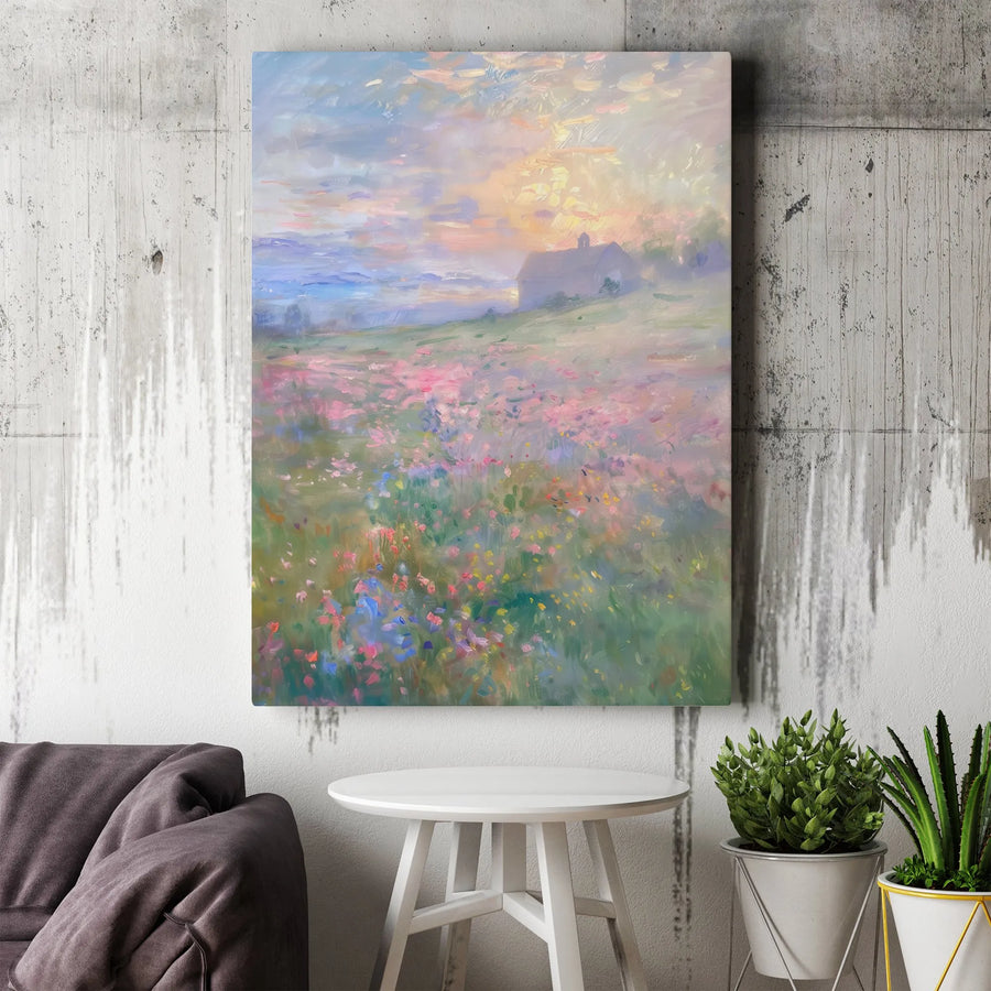 Wildflower Field Canvas Wall Art | Impressionist Sunrise Landscape | Premium Gallery Wrapped Print | Farmhouse Home Decor Gift