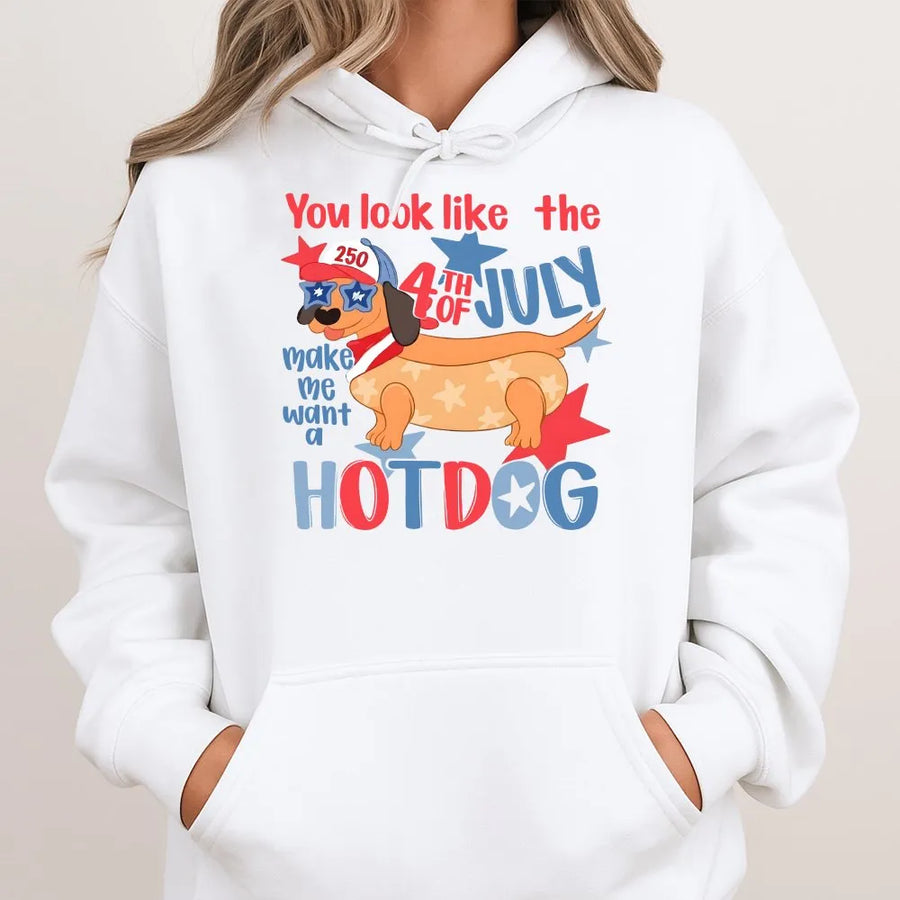 Funny 4th of July Hoodie | Patriotic Dachshund Hot Dog Pun Graphic | Soft Cotton-Poly Blend | Unisex Independence Day Gift for Dog Lovers