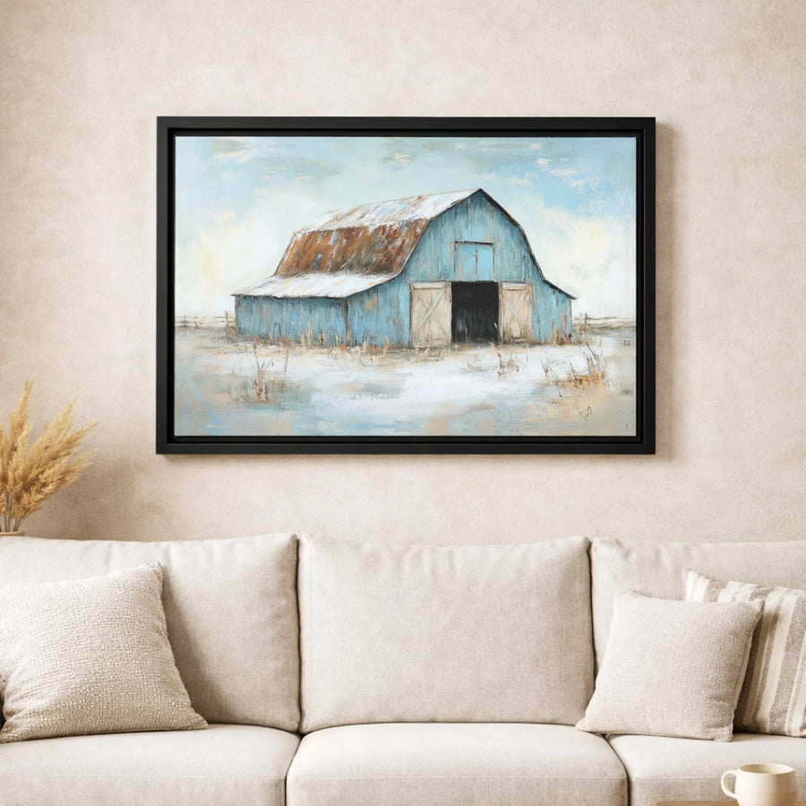 Rustic Blue Barn Wall Art | Snowy Farmhouse Winter Landscape | Premium Gallery Wrapped Canvas | Farmhouse Home Decor Gift