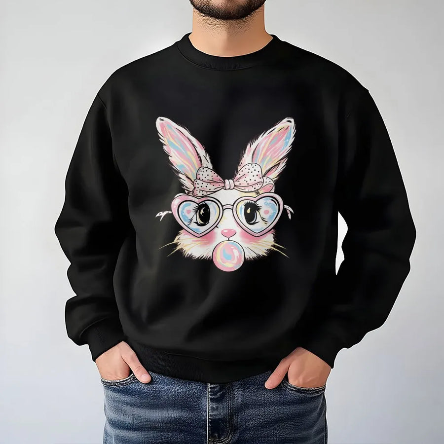 Easter Bunny Sweatshirt | Cute Rabbit With Heart Glasses And Bubblegum | Premium Cotton Blend Crewneck | Festive Spring Gift For Women