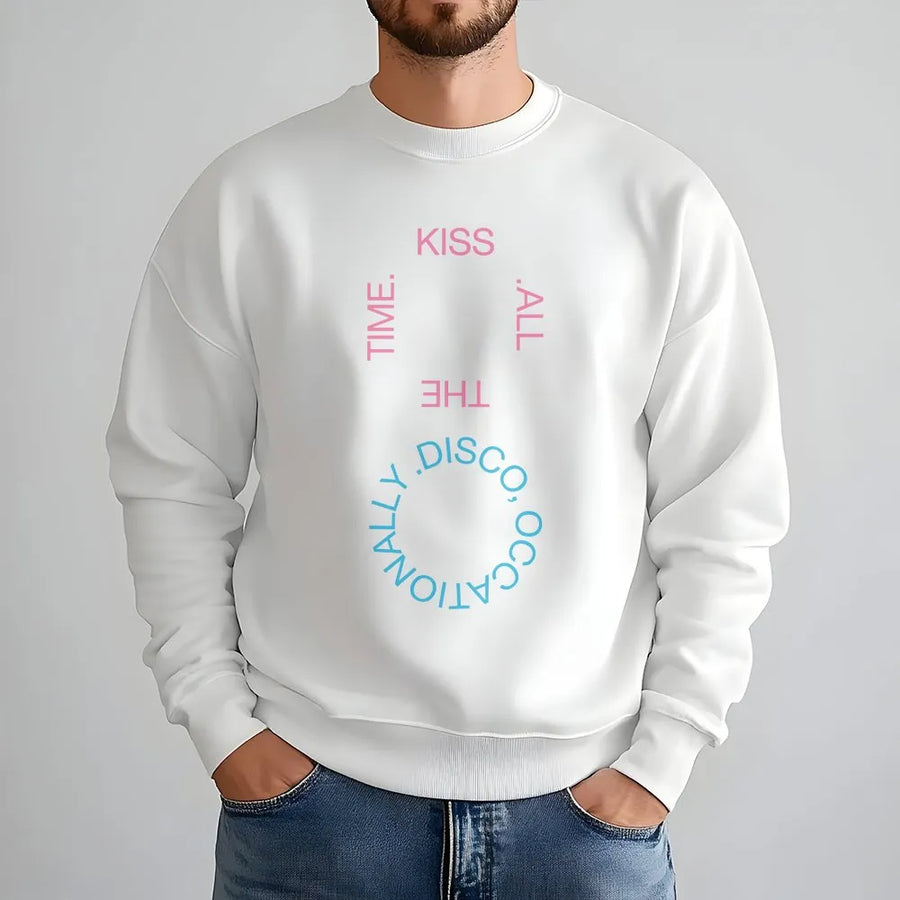 Disco Occasionally Sweatshirt | Kiss All The Time Graphic Print | Premium Cotton Blend | Trendy Unisex Streetwear Gift for Men & Women