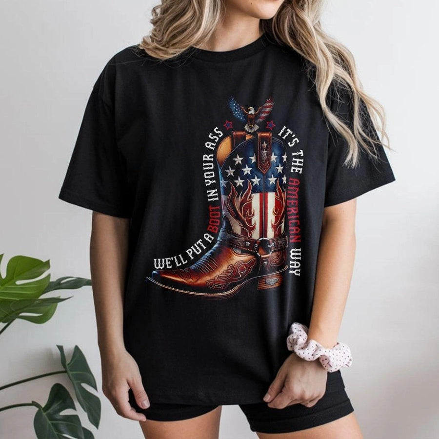 American Way Graphic T-Shirt | Cowboy Boot Patriotic Bald Eagle Design | Premium Soft Cotton Tee | Patriotic Gift for Men and Women