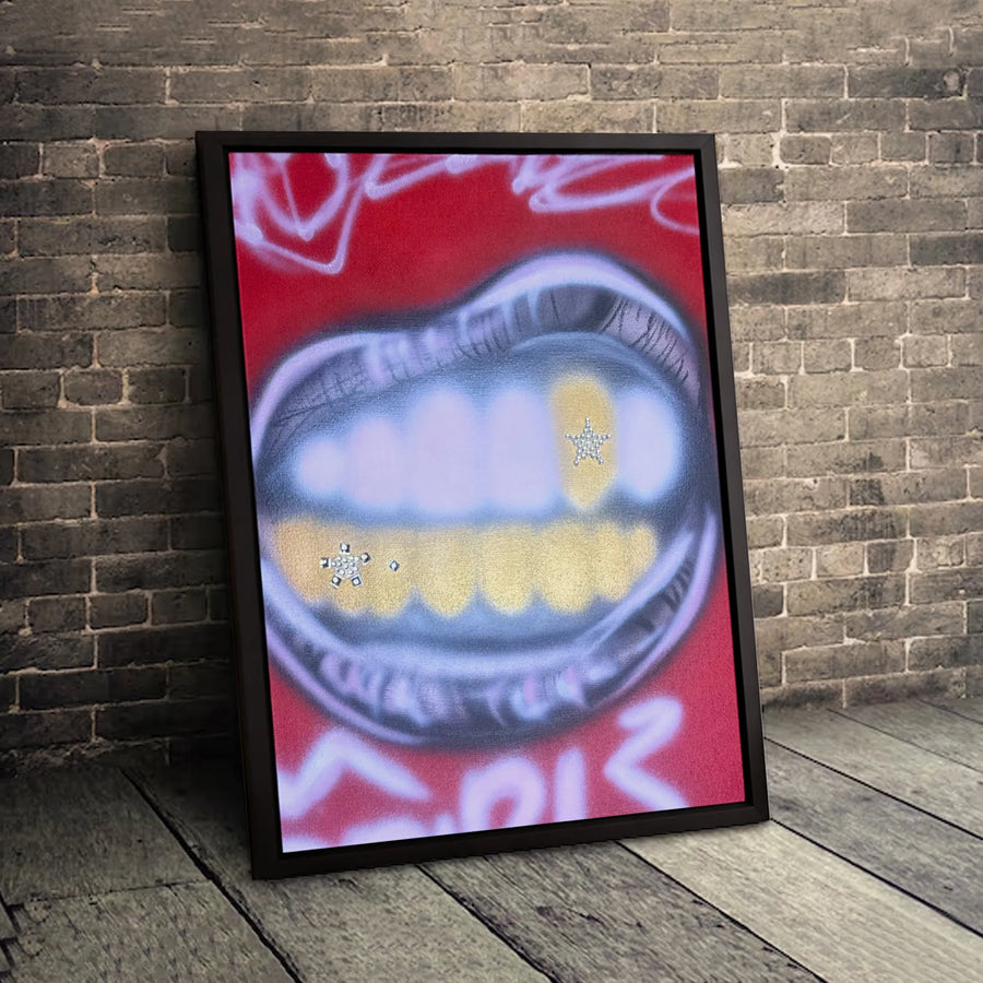 Graffiti Lips Wall Art | Gold Teeth Grillz Urban Decor | Gallery Wrap Canvas Print | Street Style Home Decor Gift for Him