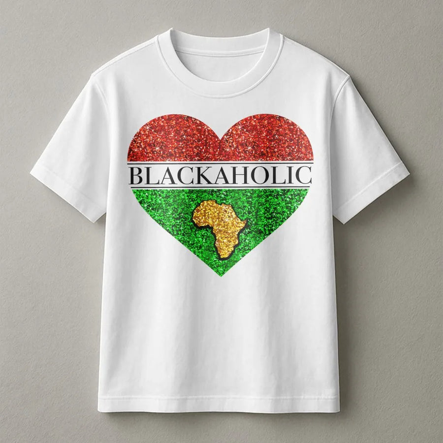 Blackaholic T-Shirt | Pan-African Flag Heart & African Continent Map | Premium Soft Cotton | Black Pride Gift for Women & Men