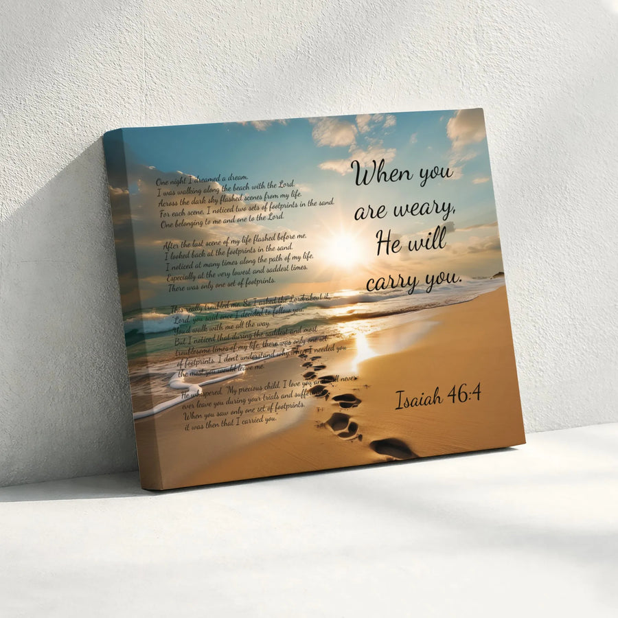 Footprints In The Sand Canvas Print | Isaiah 46:4 Religious Wall Art | Premium Gallery Wrapped Decor | Christian Sympathy Gift for Home
