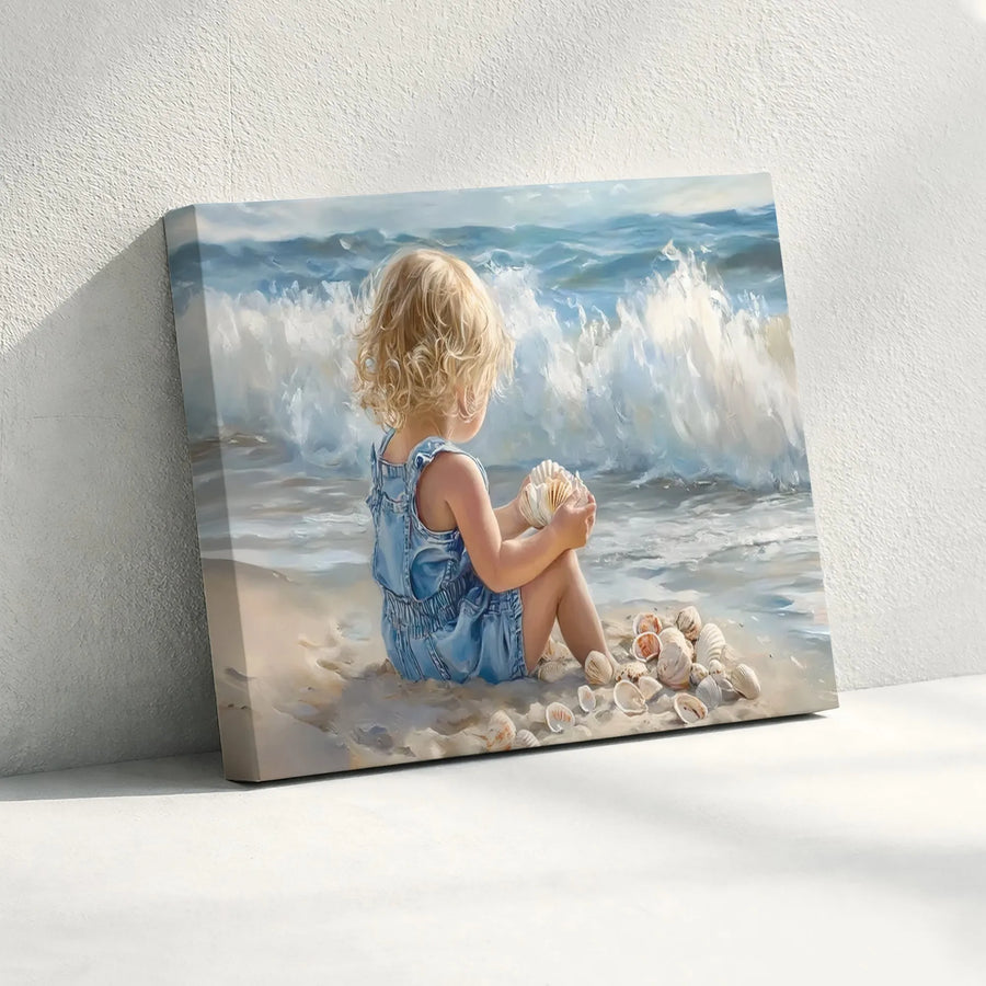 Little Girl Shell Collector Canvas Print | Coastal Beach Nursery Wall Art | 1.25-Inch Gallery Wrap | Premium Fade-Resistant Decor