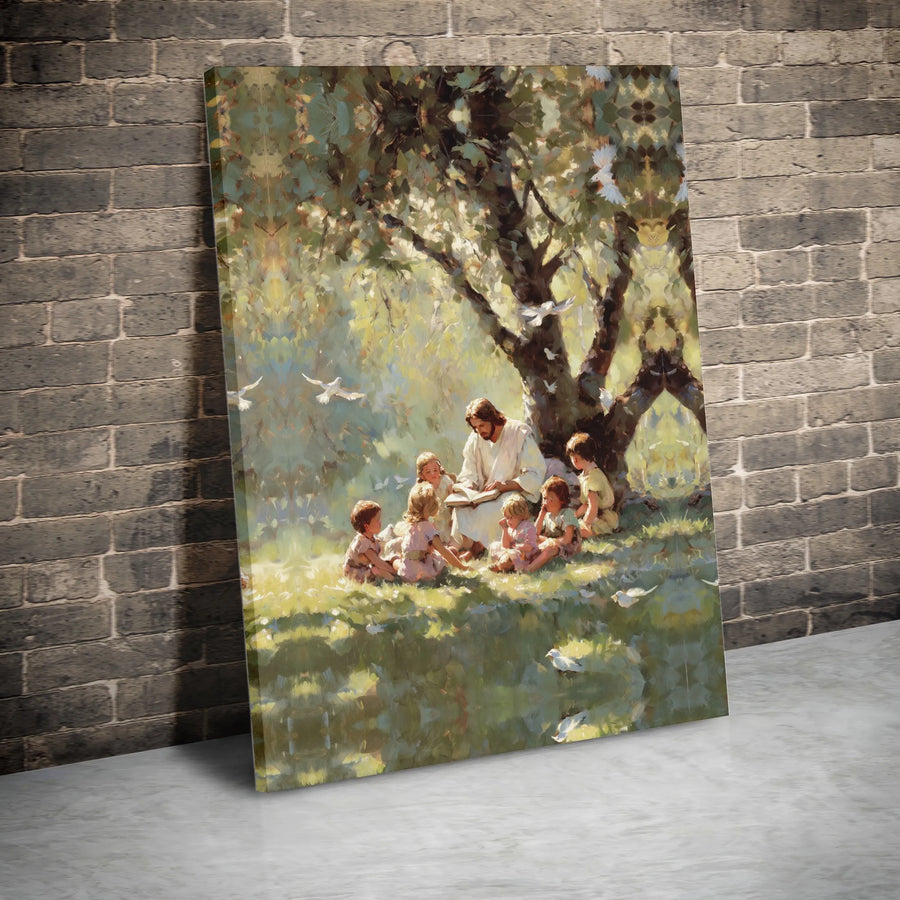 Jesus with Children Canvas Wall Art | Christ Teaching Under Tree | Premium Gallery Wrapped Canvas | Religious Christian Home Decor Gift