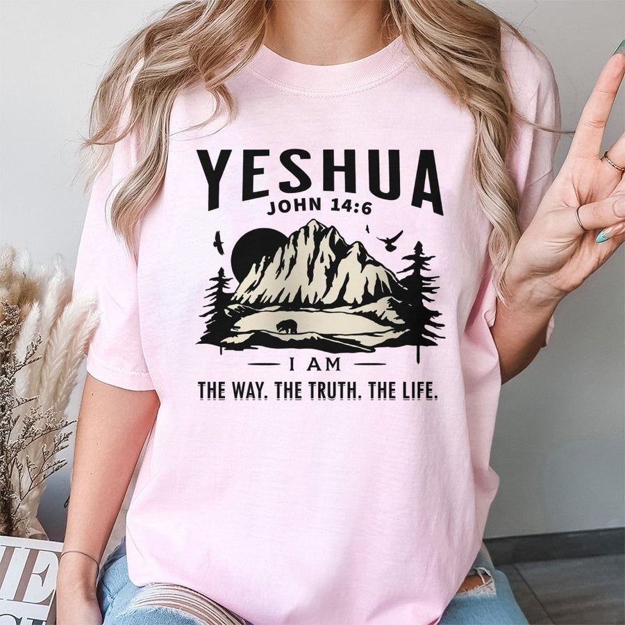 Yeshua John 14:6 T-Shirt | Christian Mountain Landscape Graphic | 100% Cotton Premium Tee | Faith-Based Religious Gift for Men and Women