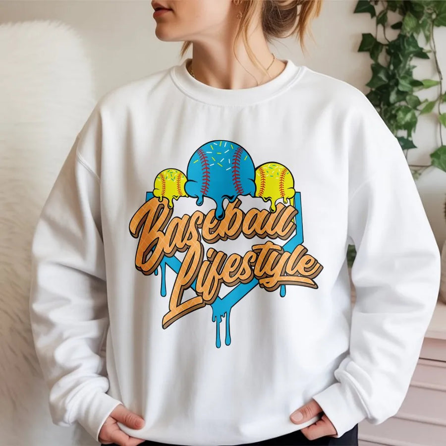 Baseball Lifestyle Sweatshirt | Ice Cream Drip Graphic Sweatshirt | Soft Cotton Blend Pullover | Gift for Baseball Player and Fan