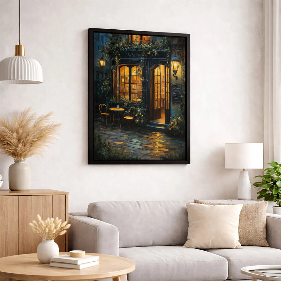 Parisian Cafe Wall Art | Cozy Night Street Scene with Glowing Lanterns | Premium Gallery Wrapped Canvas | Elegant Home Office Decor Gift
