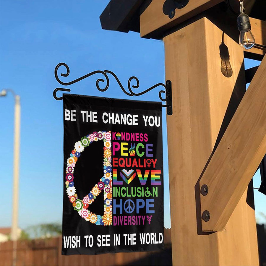 Be The Change Garden Flag | Floral Peace Sign Equality Pride Decor | Premium Weather-Resistant Polyester | Inspirational Outdoor Yard Banner Gift