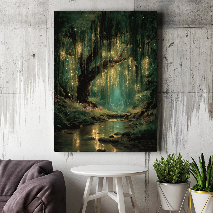 Enchanted Forest Canvas Wall Art | Glowing Willow Tree Over Stream | Premium Gallery Wrap Print | Whimsical Nature Home Decor Gift