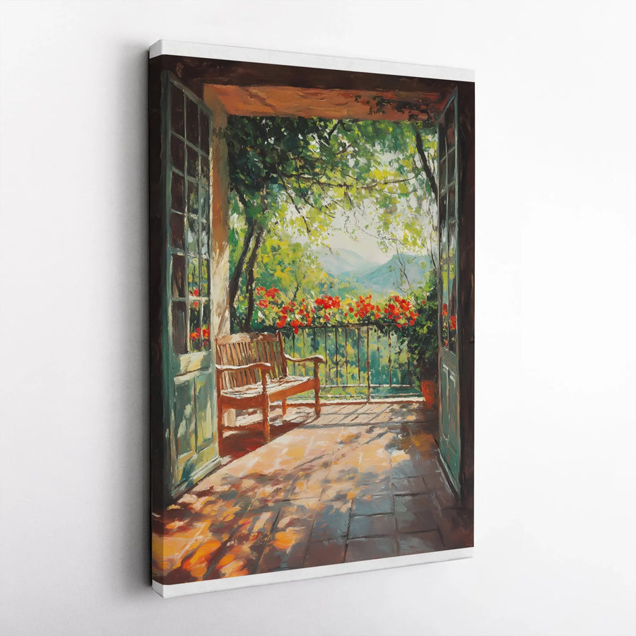 Tuscan Terrace Canvas Print | Impressionist Garden View with Bench | Premium Gallery Wrap Wall Art | Mediterranean Home Decor Gift