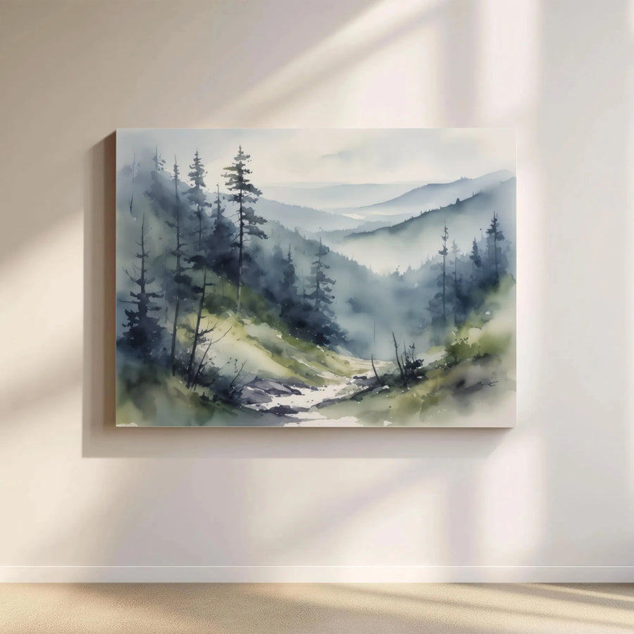 Misty Mountain Canvas Wall Art | Foggy Pine Tree Watercolor Painting | Premium Thick Gallery Wrap | Calming Nature Wall Decor for Living Room Gift