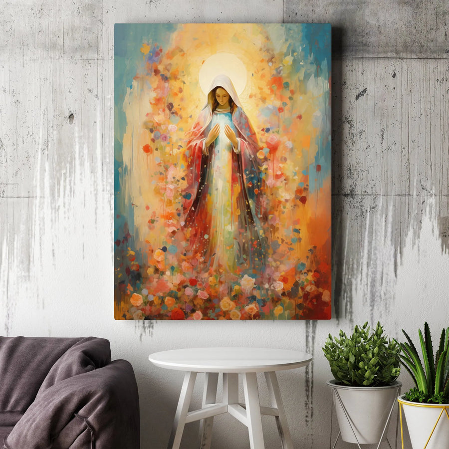 Virgin Mary Canvas Wall Art | Colorful Floral Abstract Religious Print | 1.25 Inch Gallery Wrap | Premium Christian Home Decor Gift