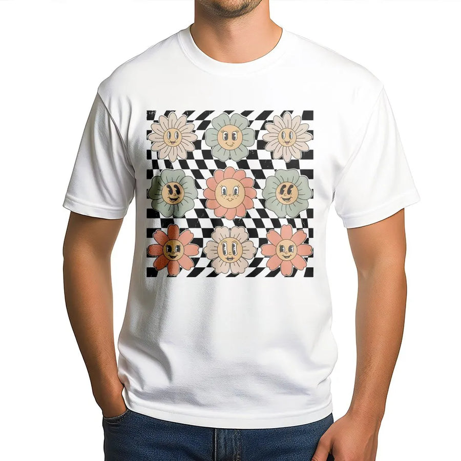 Retro Checkered Flower T-Shirt | Groovy Smiley Floral Graphic | Soft Cotton Unisex Tee | Trendy Boho Gift for Women