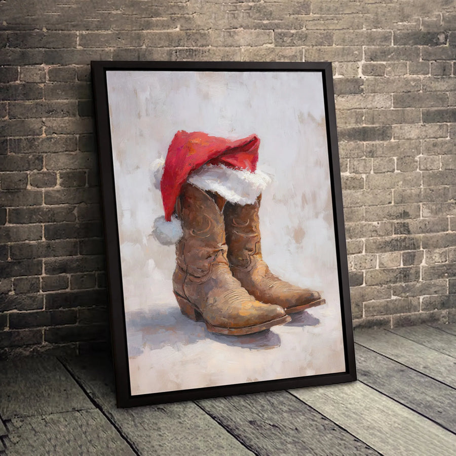 Western Cowboy Boots With Santa Hat Canvas Art | Rustic Christmas Holiday Decor | Gallery Quality Premium Print | Festive Farmhouse Wall Art Gift