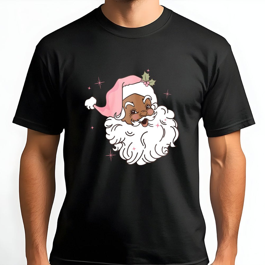 Black Santa T-Shirt | Retro Pink Hat Christmas Graphic | Premium 100% Cotton Tee | Inclusive Holiday Gift for Women and Men