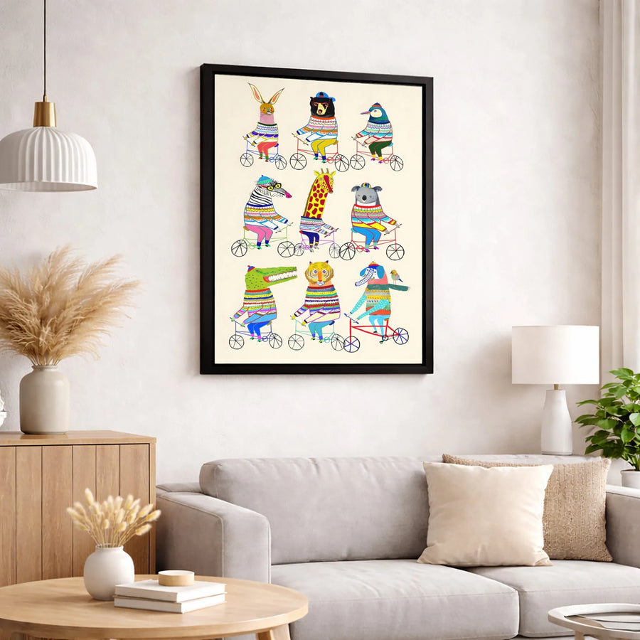 Whimsical Animal Wall Art | Colorful Safari Creatures Riding Bicycles | Premium Gallery Canvas | Nursery Decor & Kids Room Gift