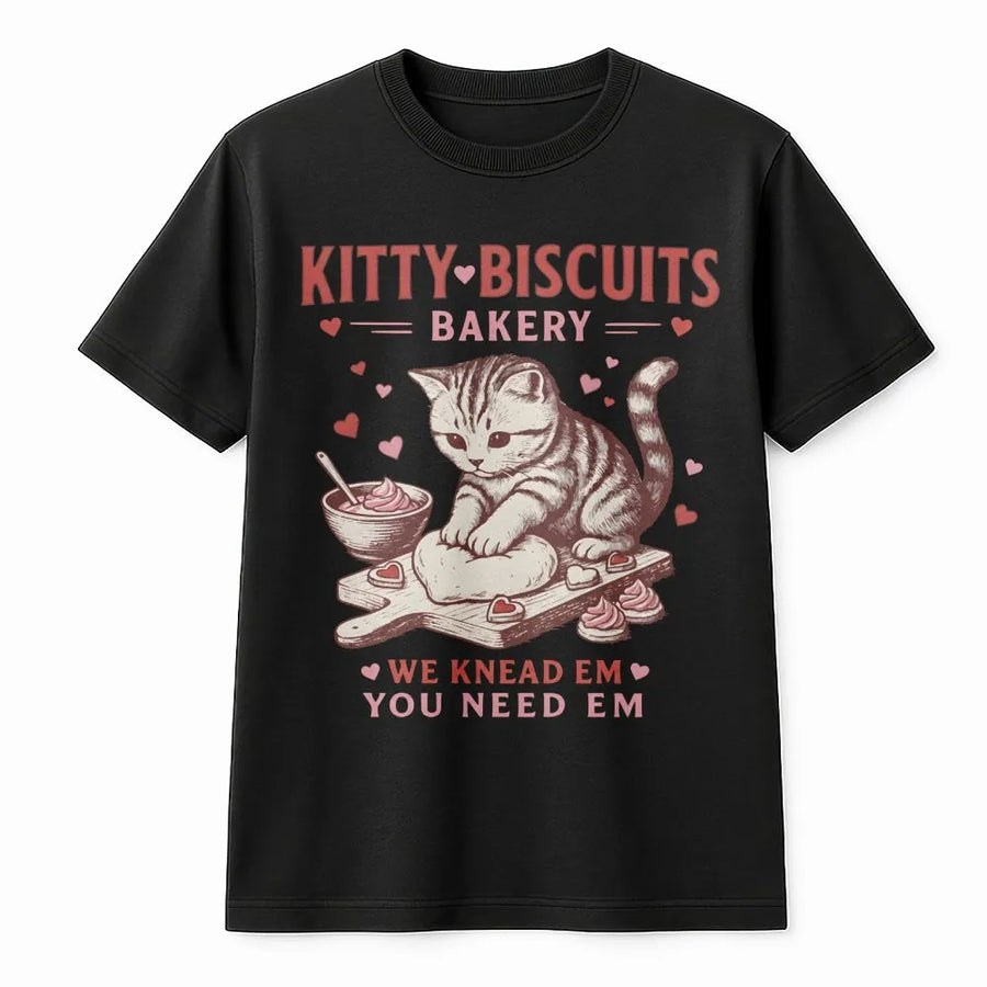 Kitty Biscuits Bakery T-Shirt | Funny Cat Kneading Dough Design | Premium Cotton Graphic Tee | Cute Gift for Cat Lovers & Bakers