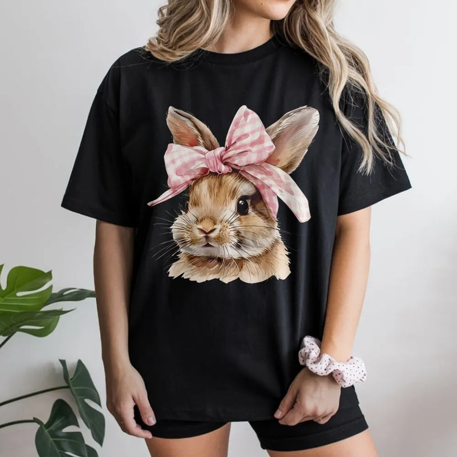 Easter Bunny T-Shirt | Cute Coquette Aesthetic Bow Graphic | 100% Cotton Premium Tee | Spring Holiday Gift for Women and Kids