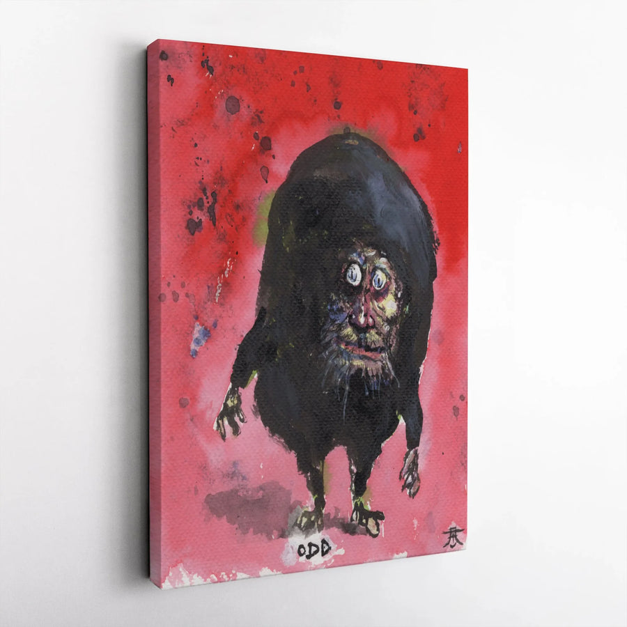 Odd Hairy Monster Wall Art | Quirky Creature Red Watercolor Canvas | Premium Gallery-Wrapped Decor | Unique Gift for Eccentric Art Lovers