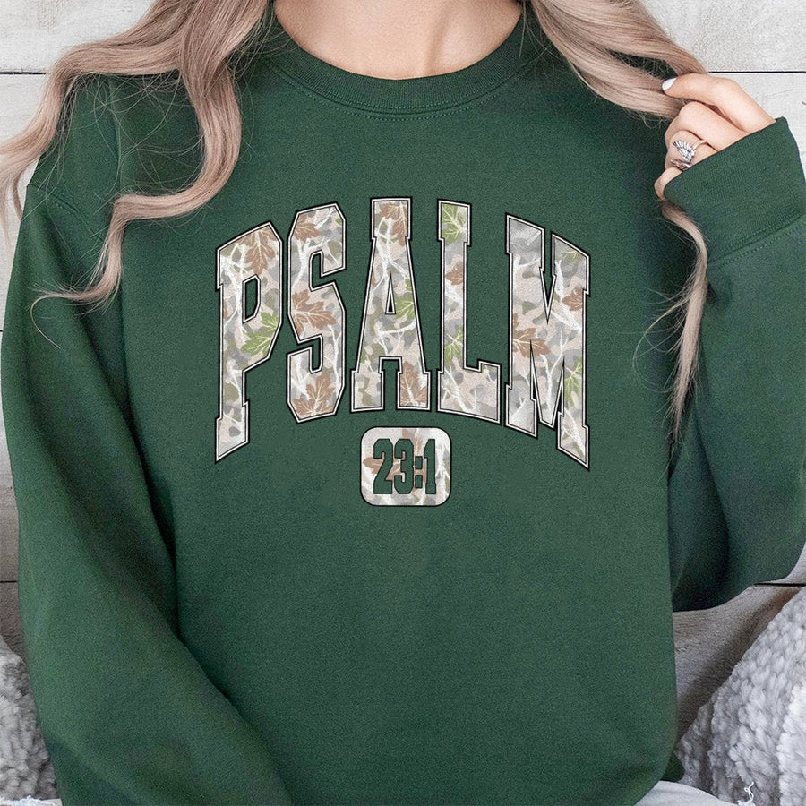 Psalm 23 Sweatshirt | Christian Camo Aesthetic Varsity Lettering | Premium Cotton Blend Crewneck | Religious Gift for Men and Women