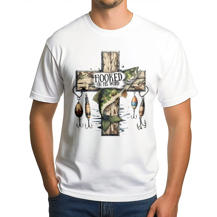 Christian Fishing T-Shirt | Hooked On His Word Camo Cross Graphic | Soft Cotton Tee | Gift for Men, Faith Based Angler Apparel