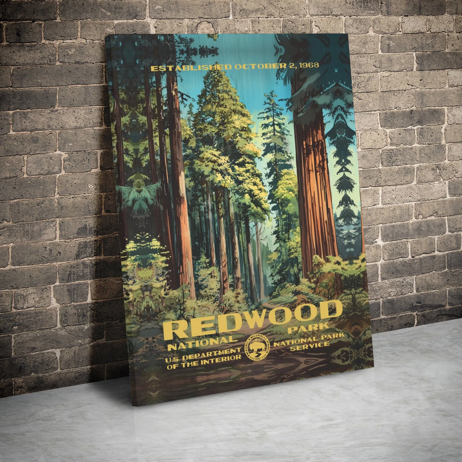Redwood National Park Canvas Art | Vintage WPA Style Travel Print | Premium Gallery Wrap Decor | Nature Lover Gift For Office Or Home Wall
