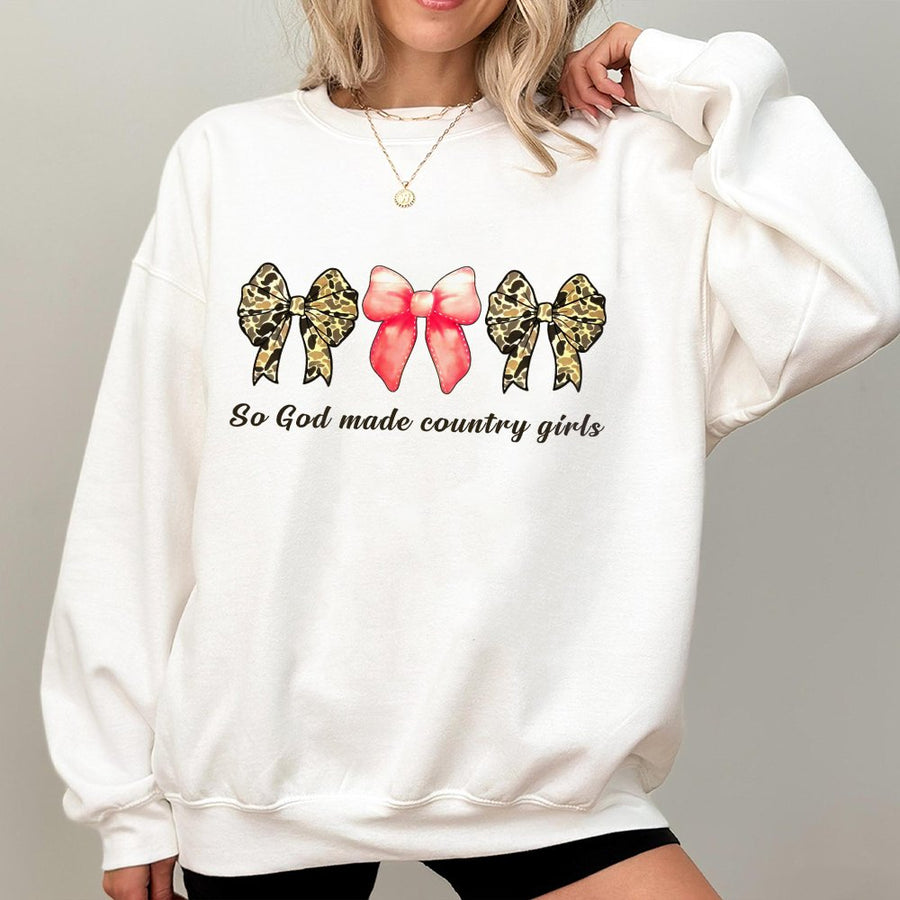 So God Made Country Girls Sweatshirt | Camo Coquette Bow Graphic | Premium Cotton Blend | Gift for Country Music Fans