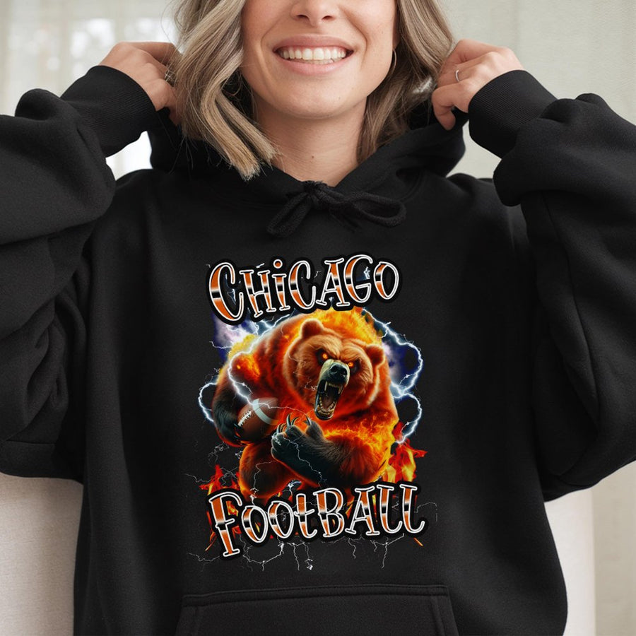 Chicago Football With Roaring Flaming Bear And Lightning Hoodie
