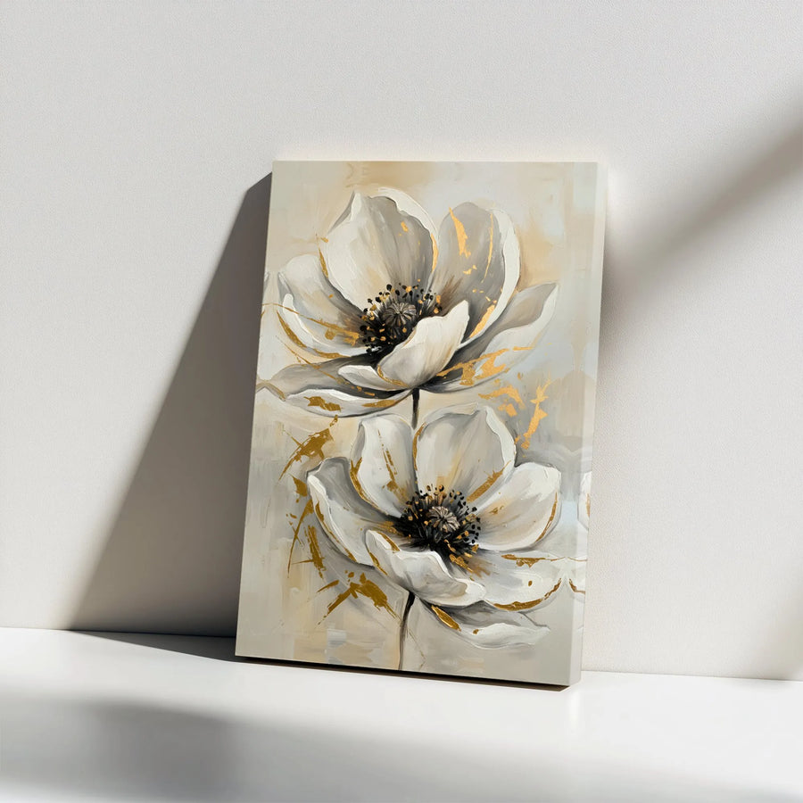 Floral Canvas Wall Art | White Botanical Painting Print with Gold Accents | Premium Gallery Wrap Canvas | Modern Living Room Decor Gift
